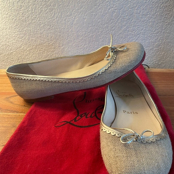 CHRISTIAN LOUBOUTIN linen & calfskin BALLET FLATS.  Size 37.5 - Picture 2 of 10